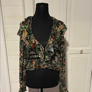 Free People Floral Ruffle Blouse - Black and Green